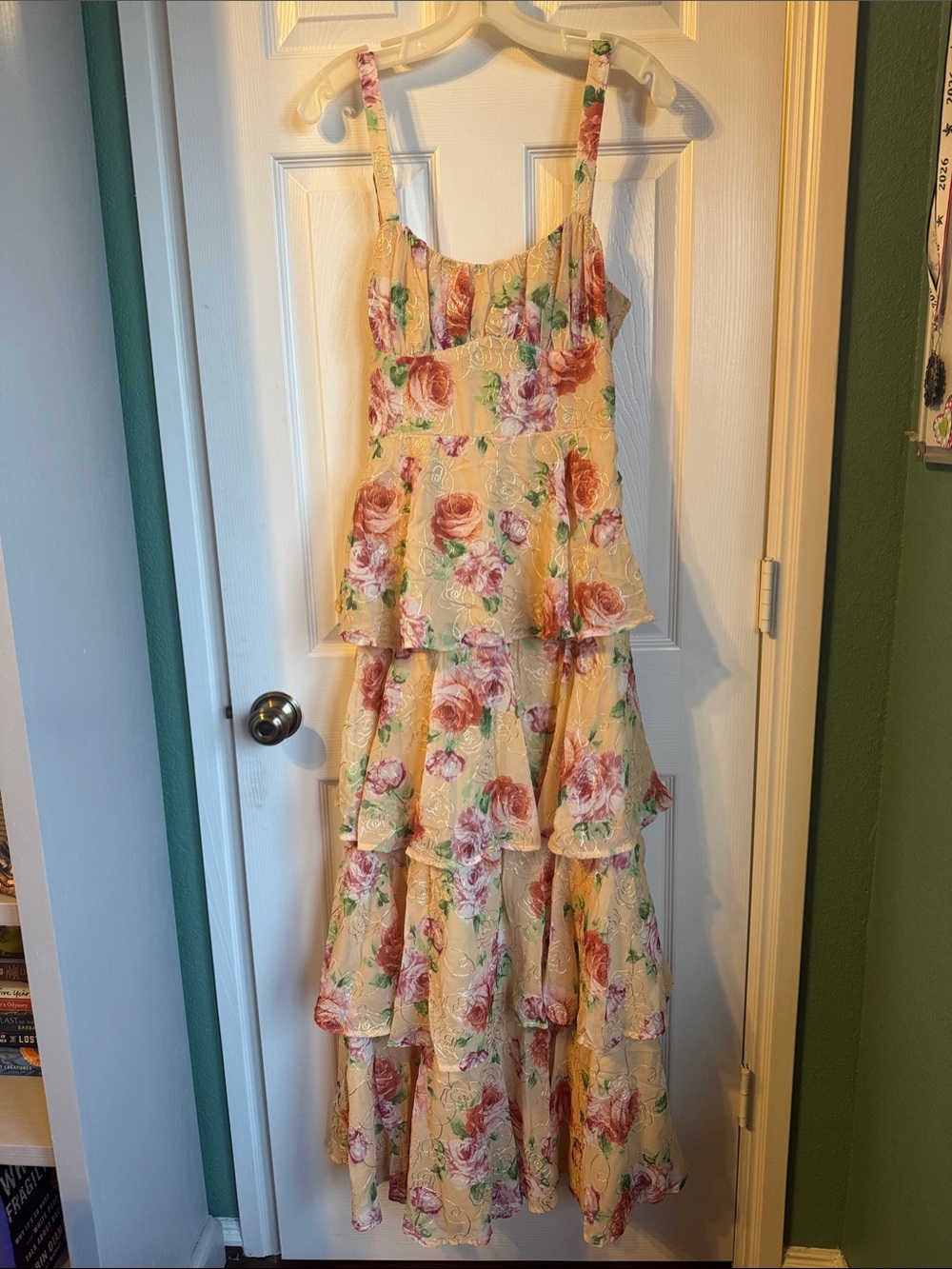 Francesca's Collections  Women’s Yellow Floral Tiered Dress with Pink Roses